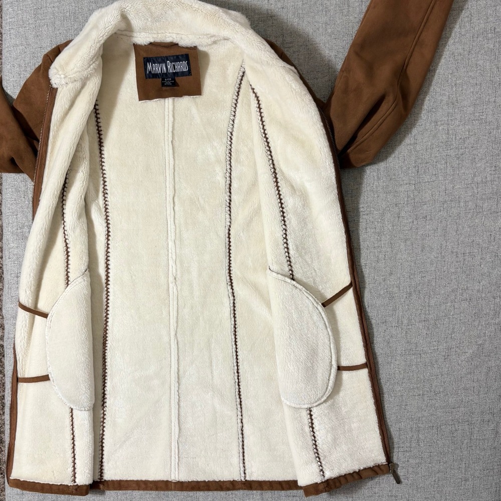 Marvin Richards Womens Small Faux Suede Shearling Coat Brown Zip Up Mid Length - Picture 4 of 9